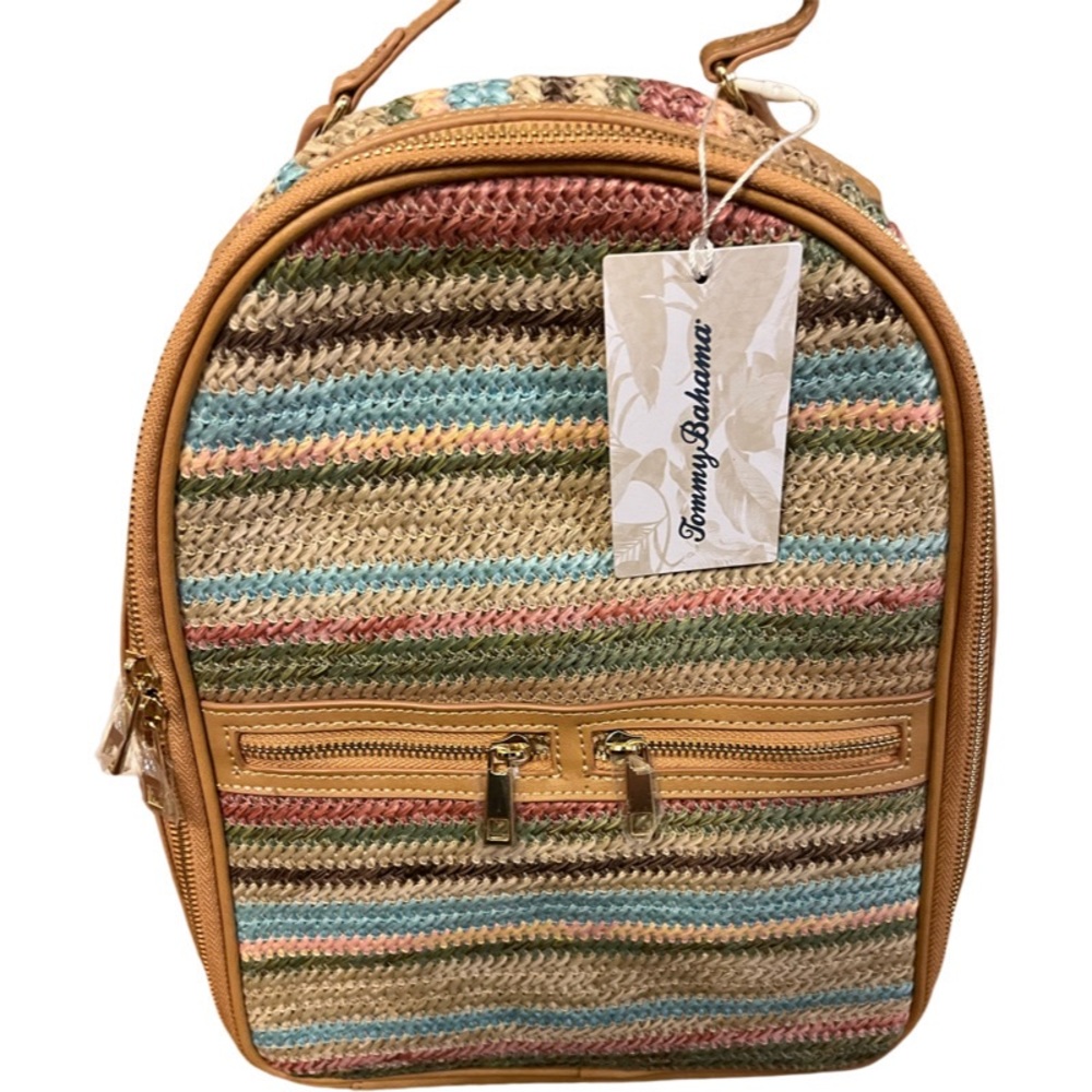 NEW NWT TOMMY BAHAMA Straw-Striped Backpack MULTI COLOR Brown Pink Zip Around